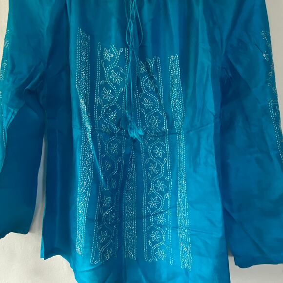 Blue Embroidered Long Sleeve Sz S  Silk Ethnic Top Boho Festival Blouse - Picture 9 of 10